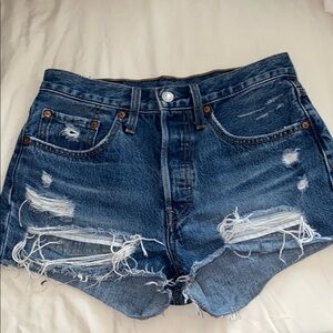 Levi's Blue Distressed Jean Shorts with Frayed Hem
